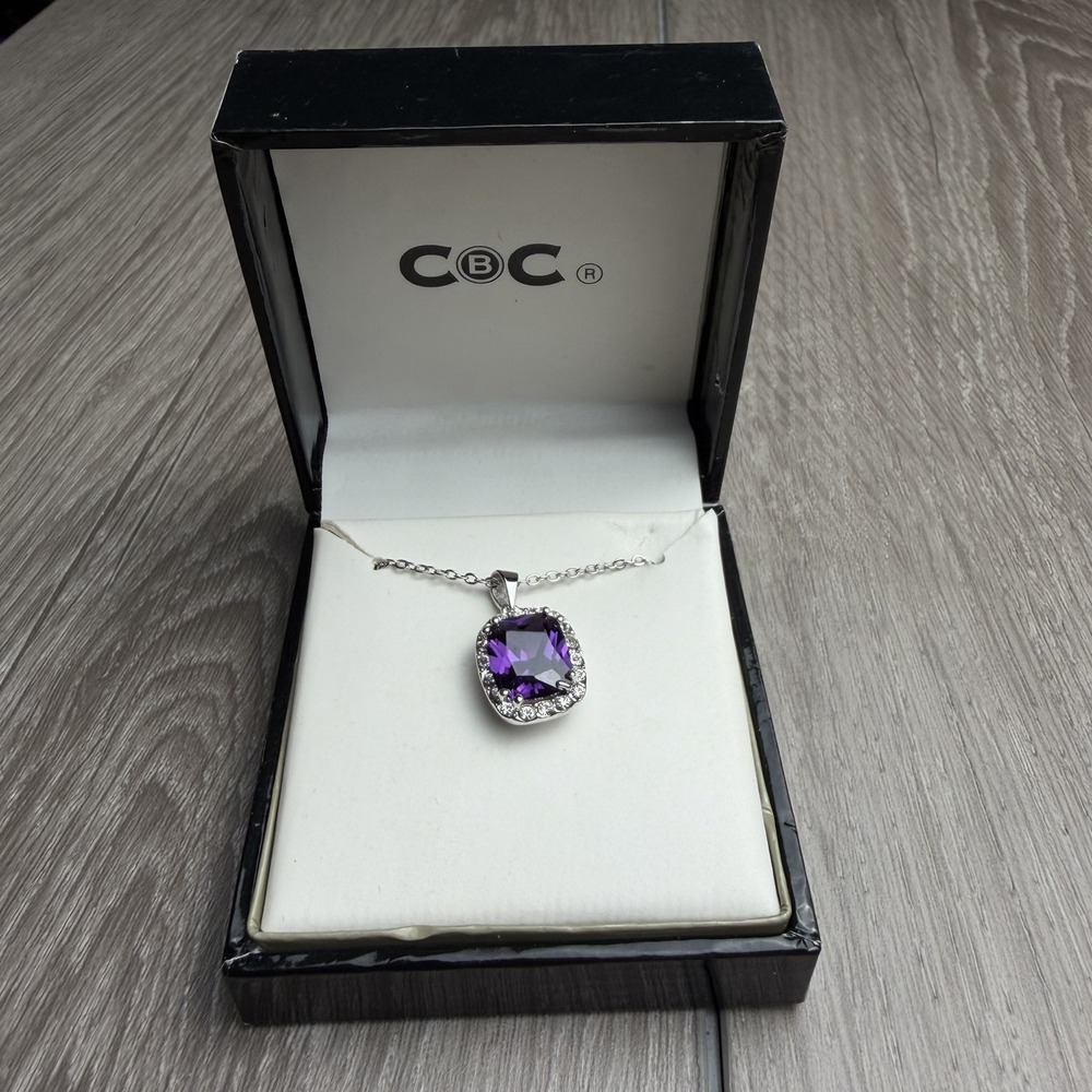 CBC City by City Macy's Silver Tone Cushion Cut Purple Amethyst CZ Halo Necklace